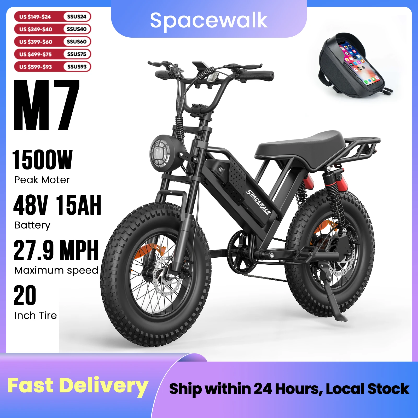 

Spacewalk M7 1500W Electric Dirt Bike for Adults, 27.9MPH, 48V 15.6AH Electric Bike, Up to 70 Miles, 20" Fat Tire, Shimano 7-Speed, 3 Modes, All Terrain,with LCD Display, Lights