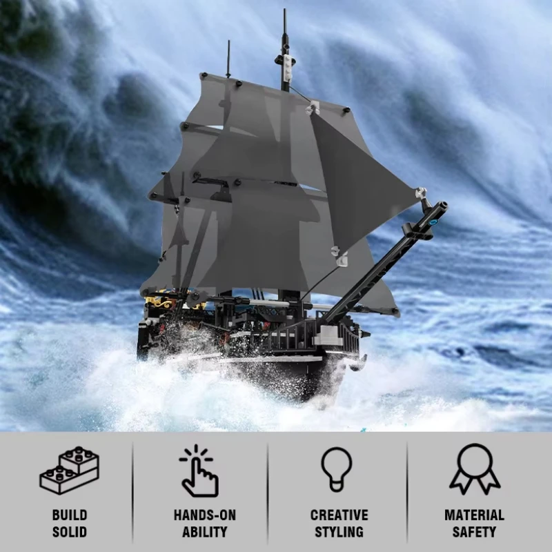 1424Pcs Black Pirates Ship Diy Adventure Boat Mini Bricks Building Blocks Assembled Model Toys for Boys Kids Christmas Gifts