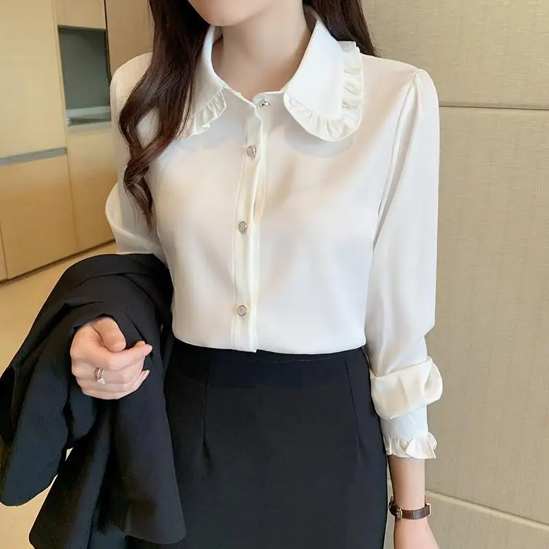 Büro Dame Weiß Alle-spiel Jugend Hemd Tops Frühling Herbst Langarm Adrette Lose Bluse Mode Koreanische Frauen kleidung