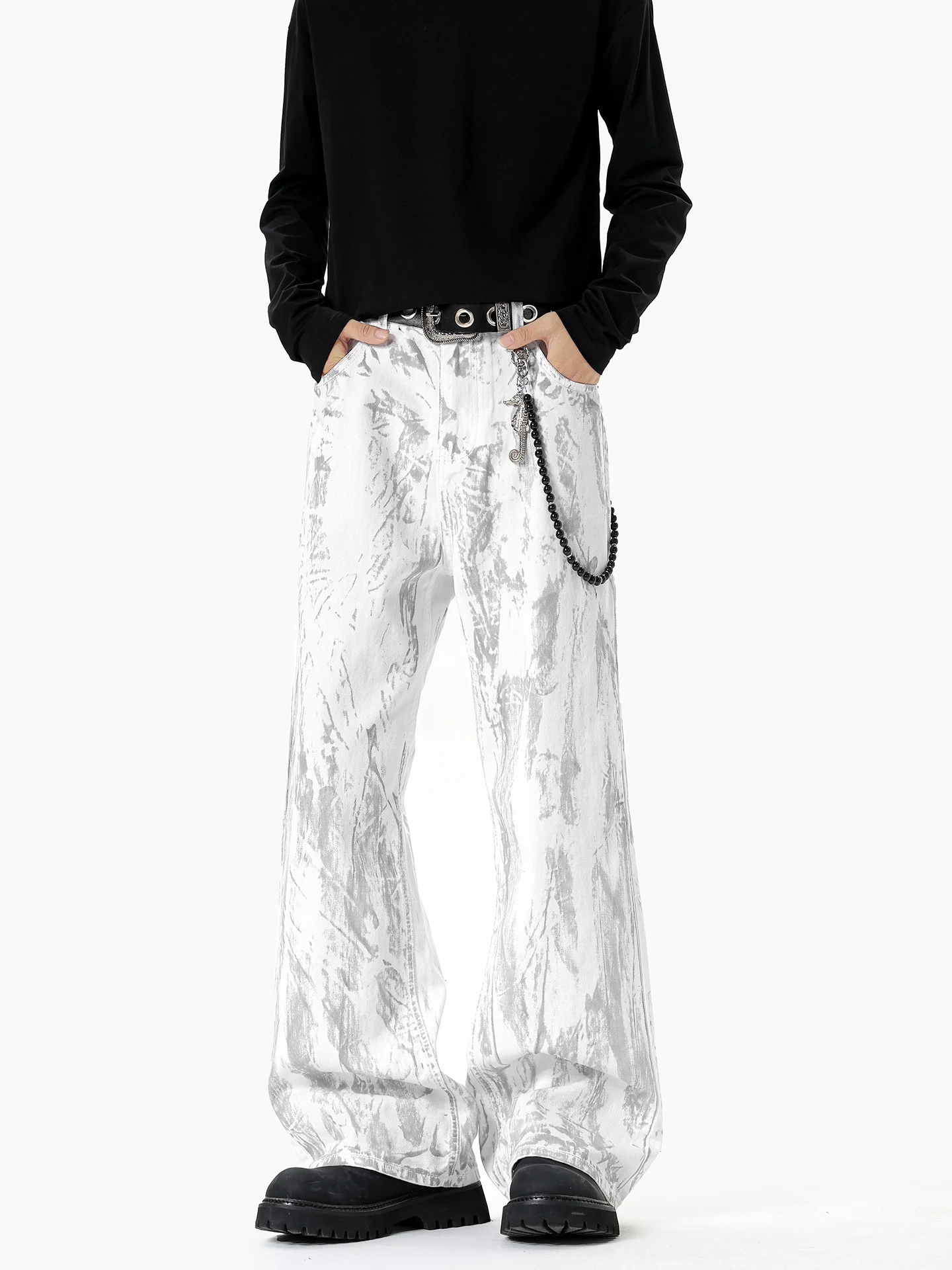 

Boyue American Sle Dyed Jeans Pure Cotton Casual Streetwear Wide Leg Pants for Men And Women in White Color