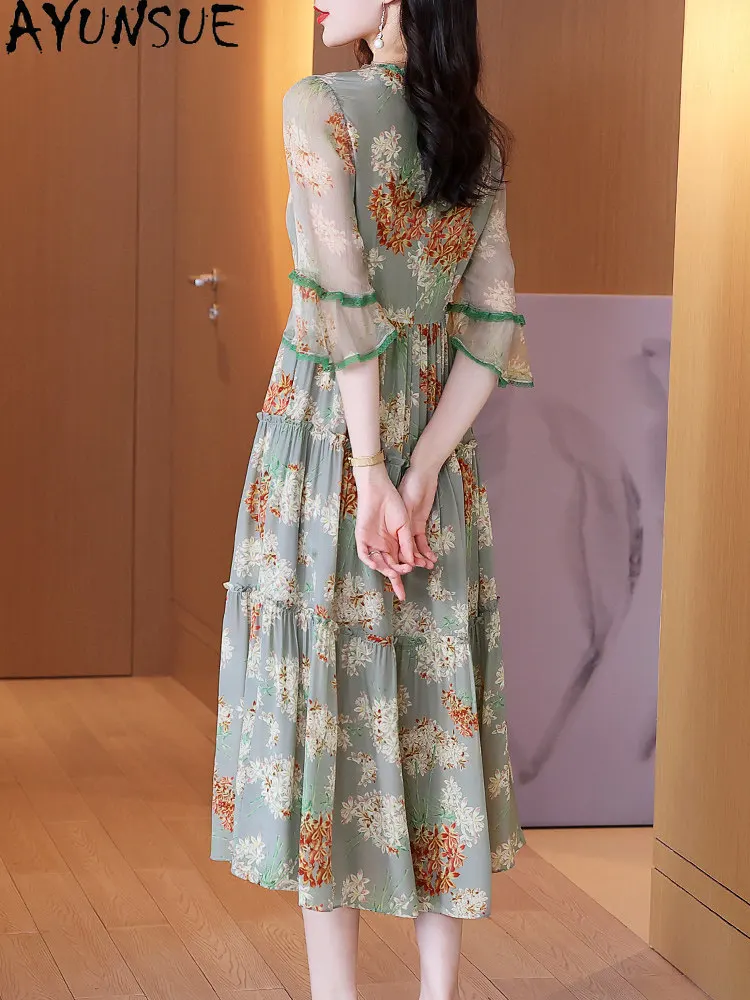 AYUNSUE 100% Real Mulberry Silk Summer Dress Elegant Dresses for Women Fashion Long Dress Female Clothing Floral Vestido Mujer