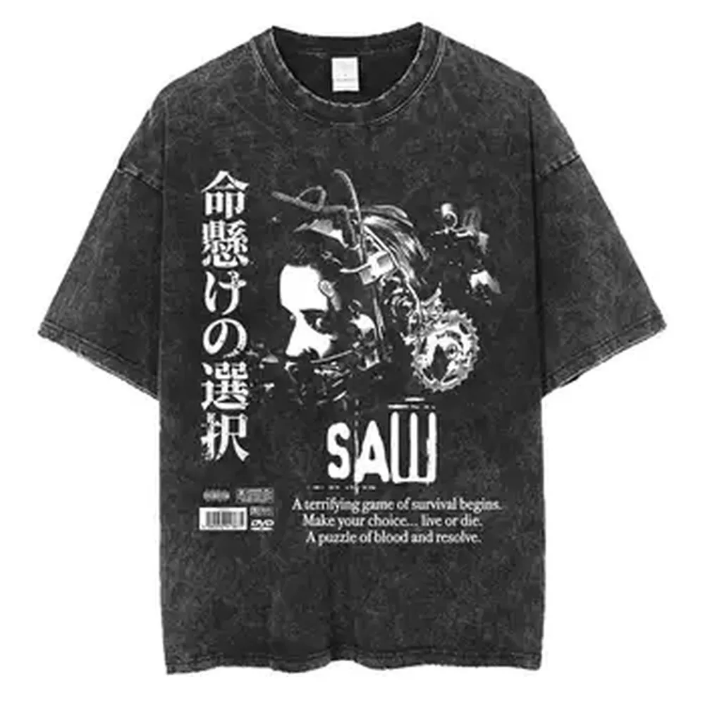 Movie Saw Horror Head Torture Oversized T shirt 100% Cotton Vintage Washed T-shirt for men women hiphop streetwear SAW2