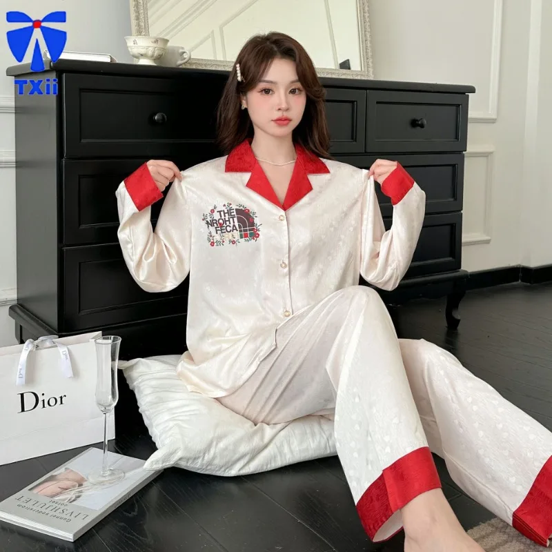 

New Ice Silk Pajamas Women's Ins High Set Jacquard Long Sleeve Trousers Luxury Style Home Clothes suit