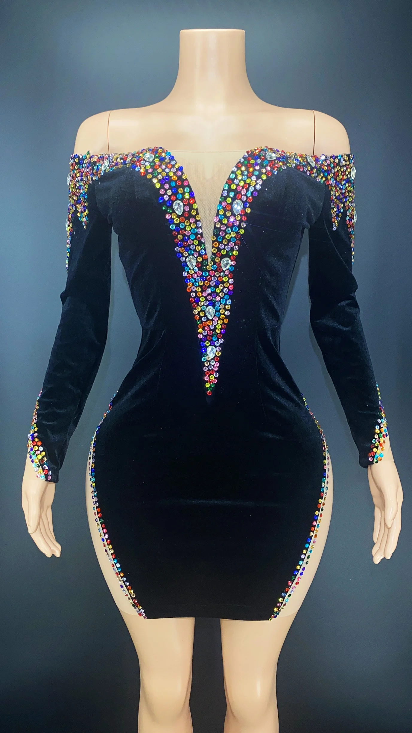 Multi-color Rhinestones Long Sleeves Black Velvet Dress Women Dancer Outfit Birthday Celebrate Dress Bar Stretch Outfit Dress