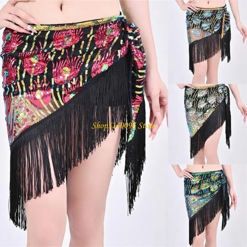 Khăn quàng hông múa bụng DXAE có đính sequin và tua rua lấp lánh cho các buổi biểu diễn chuyên nghiệp Phụ kiện sân khấu