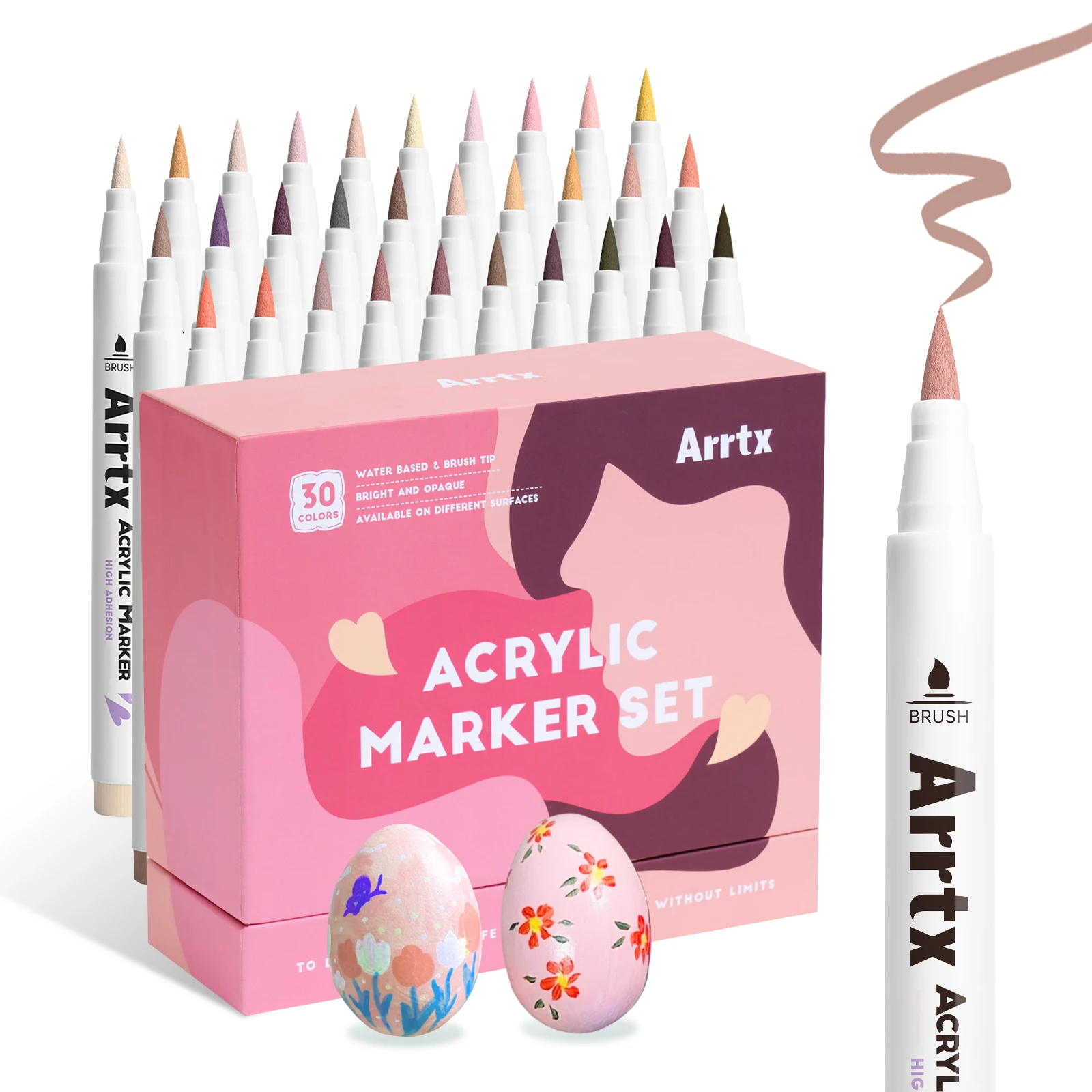 Arrtx 30-Farben-Acryl-Maker, Acryl-Farbstifte mit extra feiner Pinselspitze für Stein/Keramik/Glas/Leinwand/Becher/Holz/Osterei