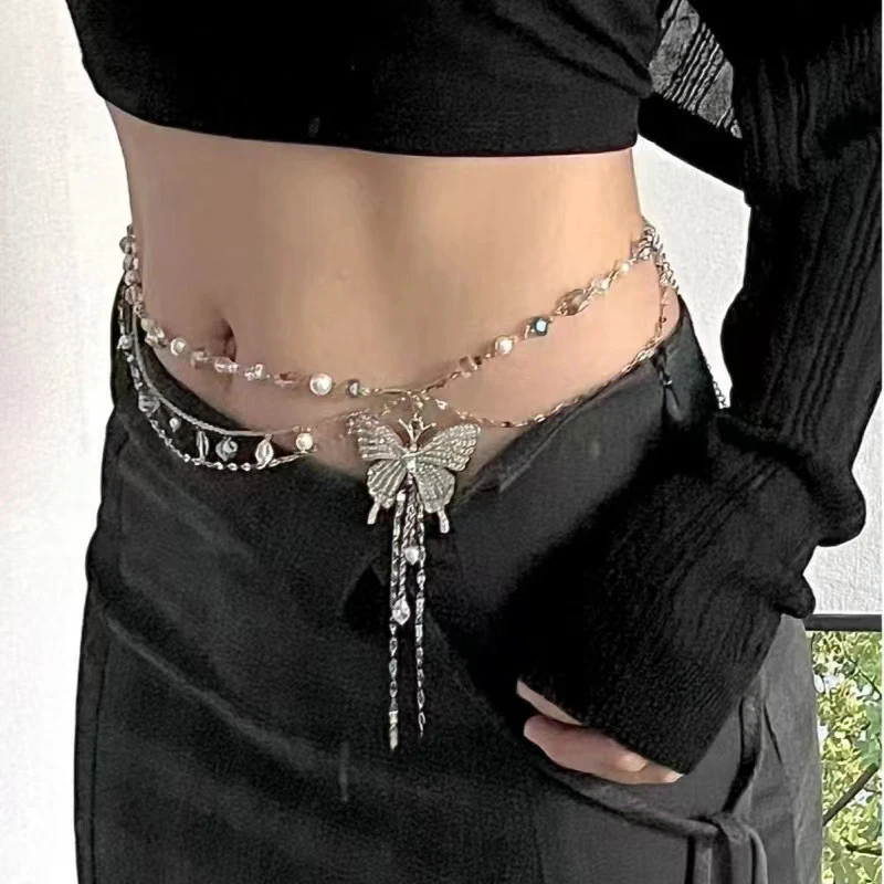 

Simple Shiny Butterfly Decoration Waistband Thin Belt For Women Girls Fashion Adjustable Metal Waist Strap Punk Slim Body Chains