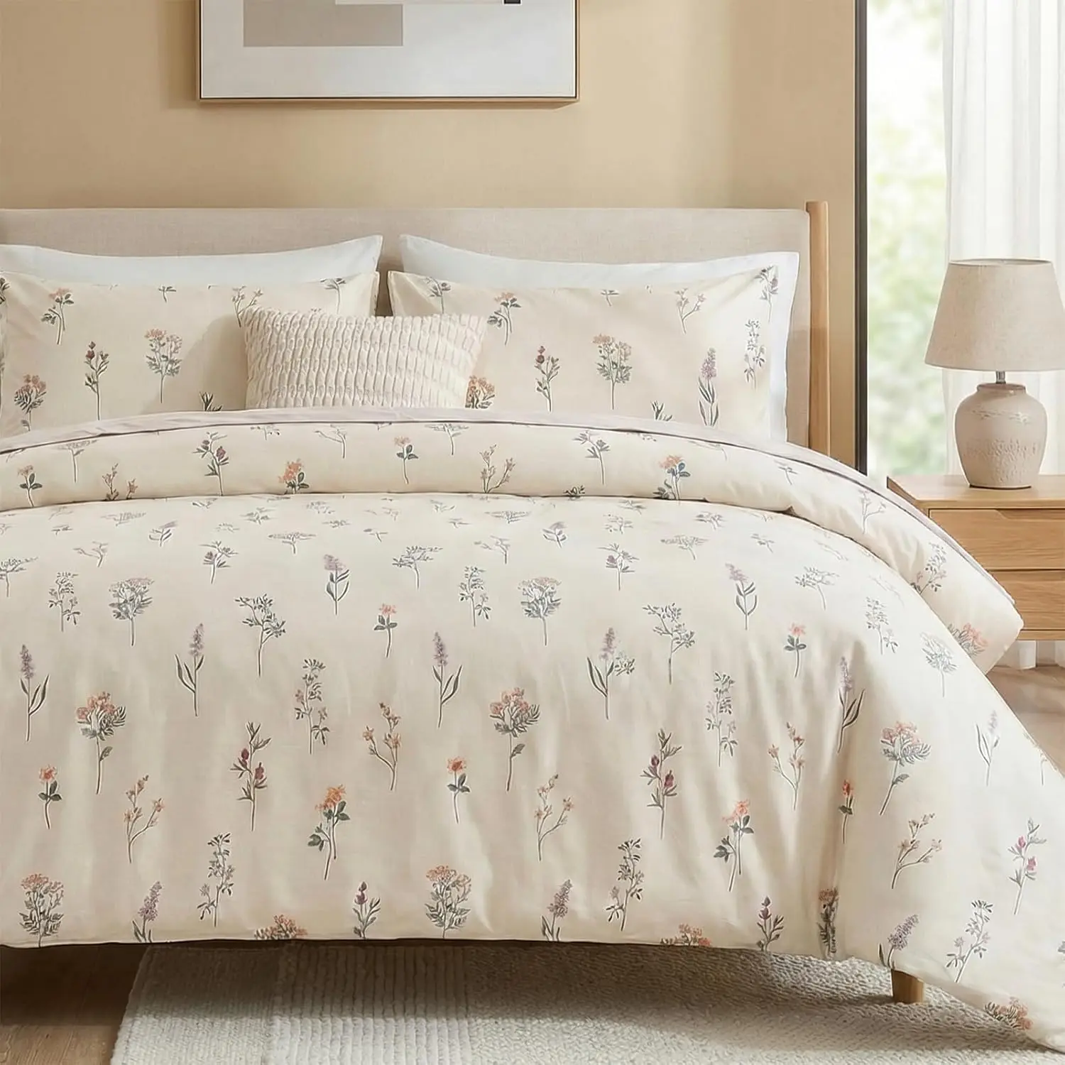 Cream Duvet Cover Set Queen Size 100% Washed Cotton Comforter Cover 3 Pcs Luxury Soft and Breathable Floral Duvet Cover
