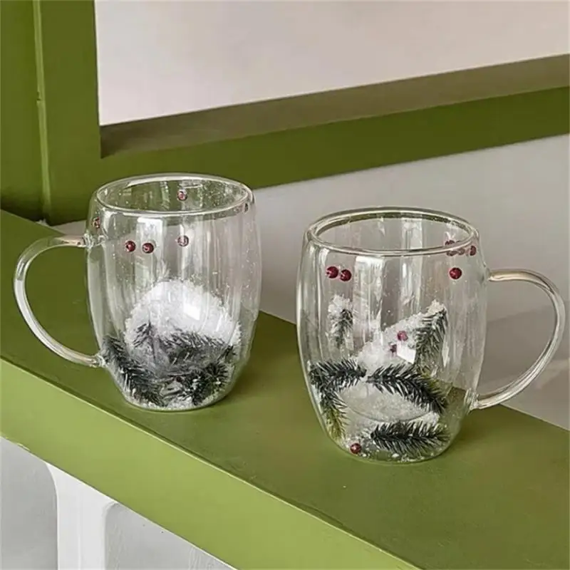 2025 Double Wall Clear Glass Cup Christmas Theme Snow Scene Glass Coffee Cup Heat Resistant Milk Water Cup Christmas Gift