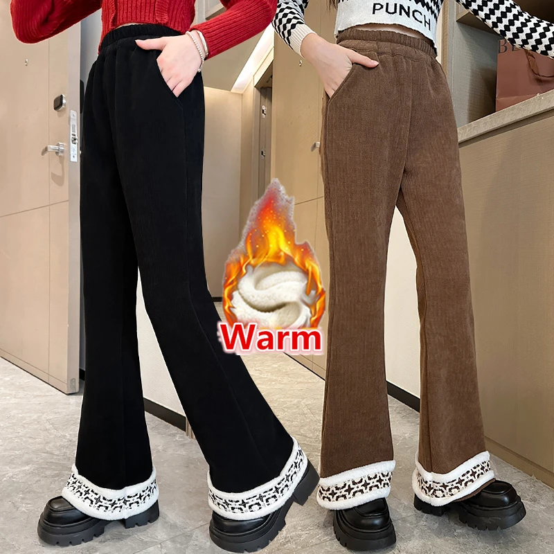 Kids Winter Black Coffee Colored Flared Pants for Girls Casual Boot Cut Thermal Trousers Child Elegant Warm Insulated Sweatpants