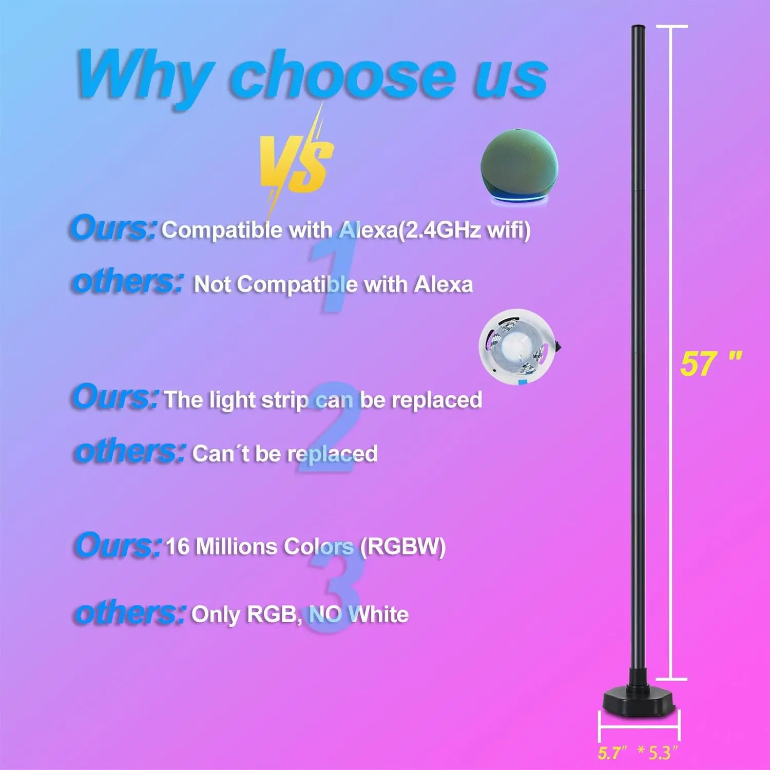 Led Floor Lamp, Corner Lamp Compatible With Alexa, Corner Floor Lamp With Music Sync, Rgb Floor Lamp With 16 Million Diy Colors