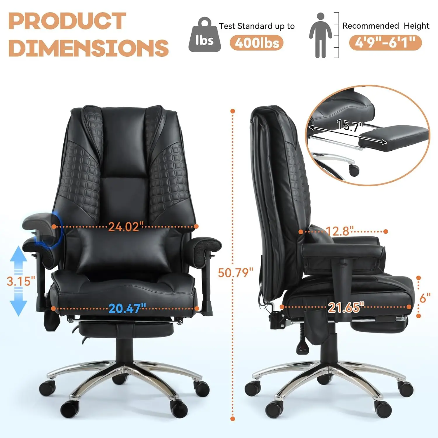 Massage & Heating Executive Office Chair with Foot Rest, Reclining Backrest, Adjustable Arms & Lumbar Support, High Back Leather