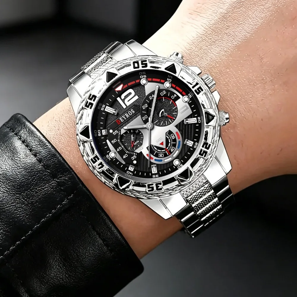 4 Pcs / Set. Fashionable Men's Quartz Watch Men's Bracelet, Necklace and Ring Set - Men's Business Casual Watch