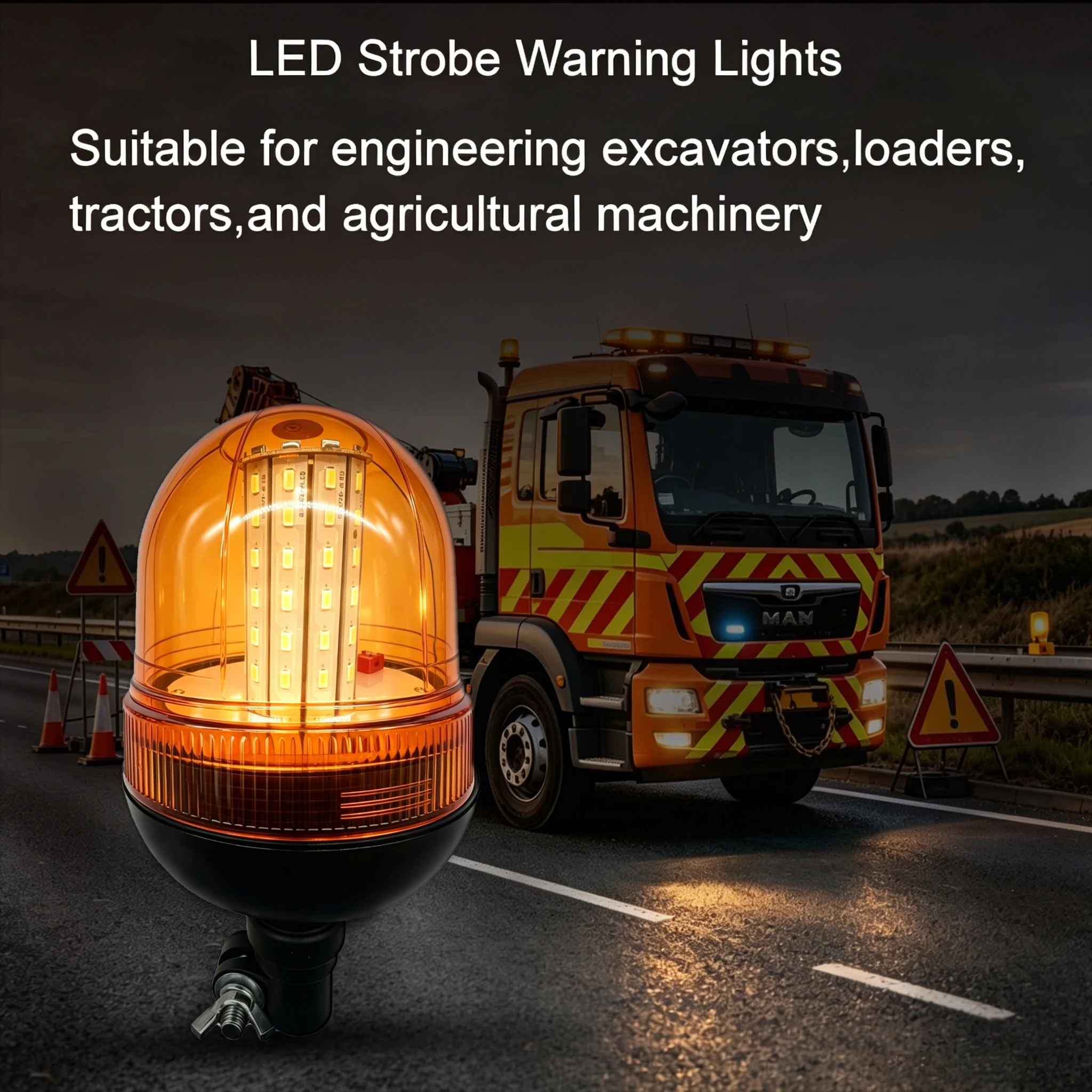 12V/24V Amber LED Strobe Beacon Warning Light Flexible Pin Mount Rotating Flashing Safety Lamp for Trucks Machinery