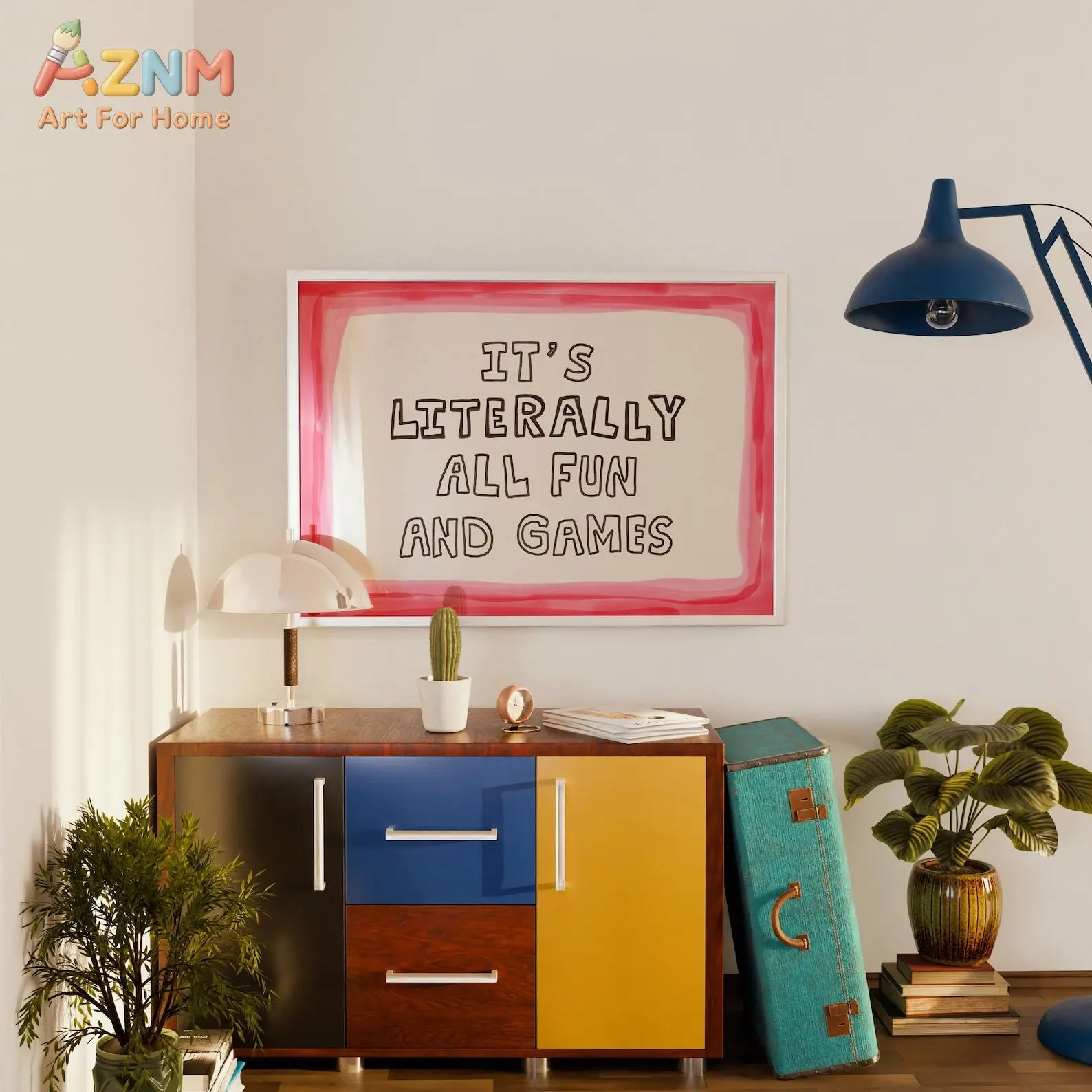 AZNM It's Literally All Fun And Games Canvas Wall Art Pink Border Retro Text Print Aesthetic Living Room Decor Unframed