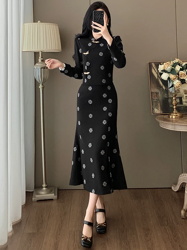 

Elegant New Chinese Style Fashion Set for Women Long Sleeve Top And Half Skirt Two Piece Set High Waist Floral Patterned