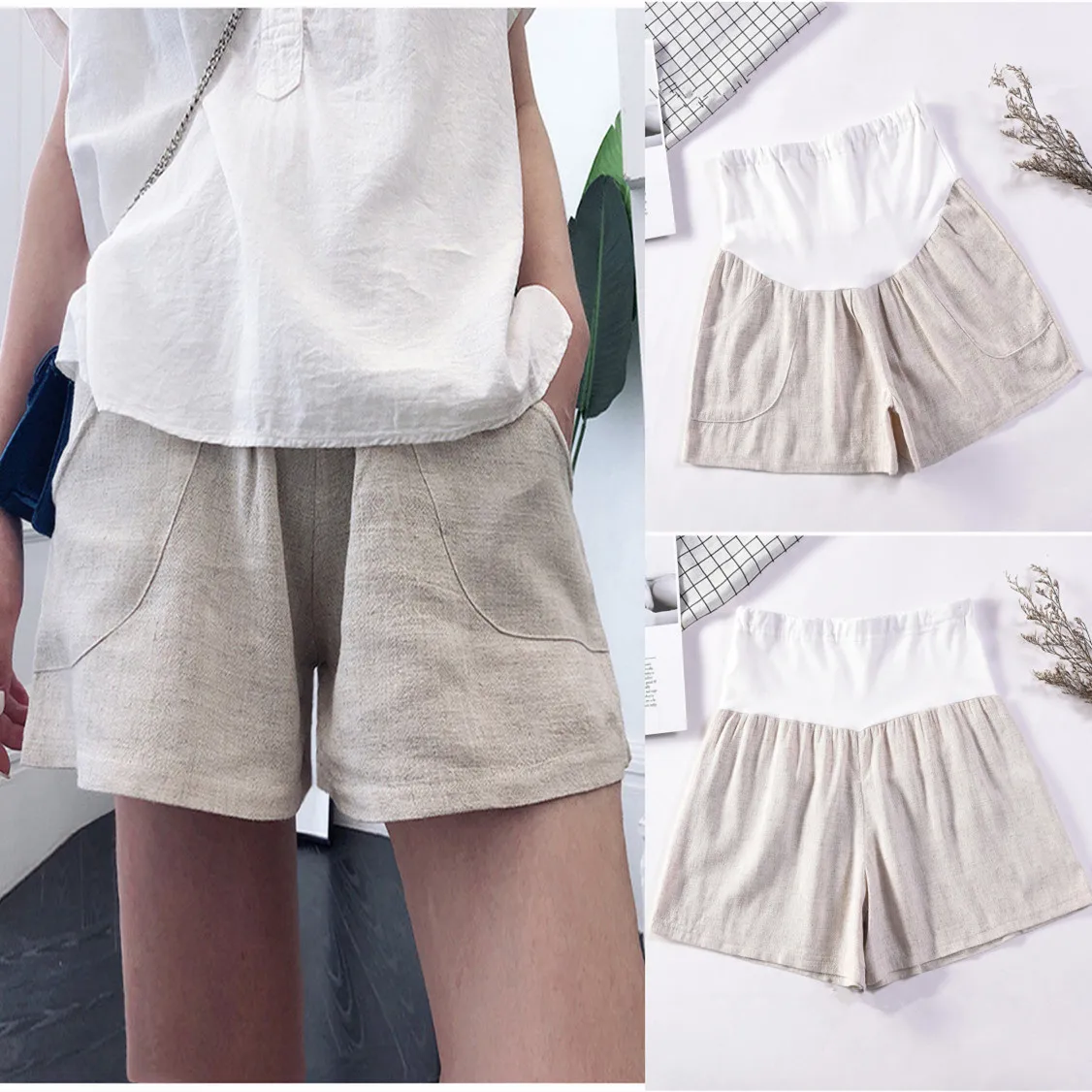 

Cotton Linen Maternity Shorts Pregnant Women Summer Thin Loose Short Pants Pregnancy Outside Khaki Black Trousers