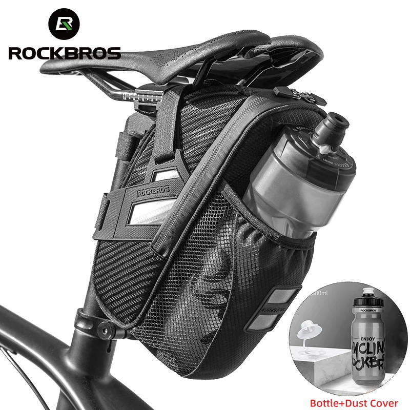 ROCKBROS ≈1L Bike Tail Bag With Water Bottle Pocket Bicycle Bags MTB Road Saddle Seatpost Double Zipper Cycling Rear Bags