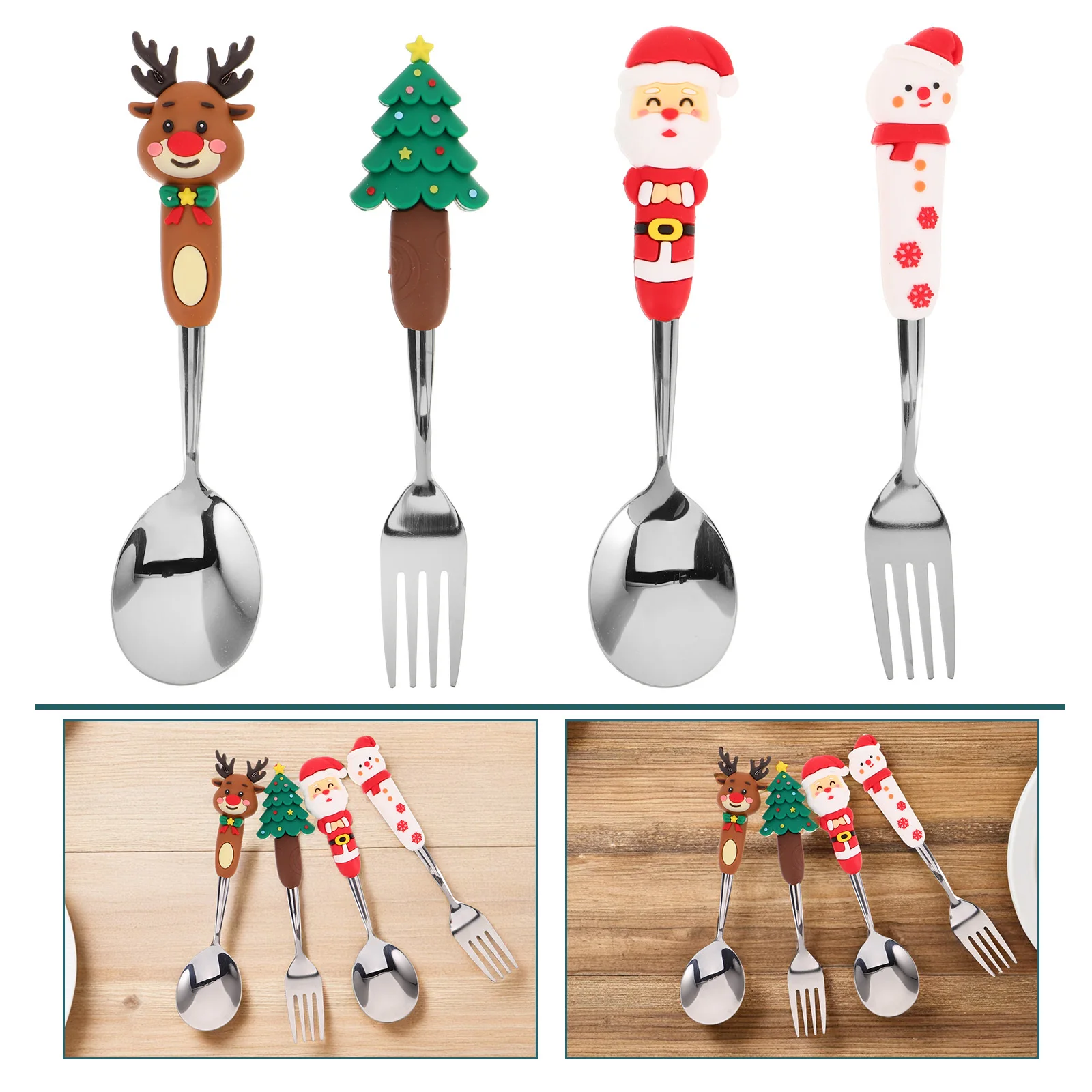 

4Pcs Christmas Tableware Stainless Steel Dessert Forks Spoons Xmas Tree Santa Design Festive Coffee Stirring Ice