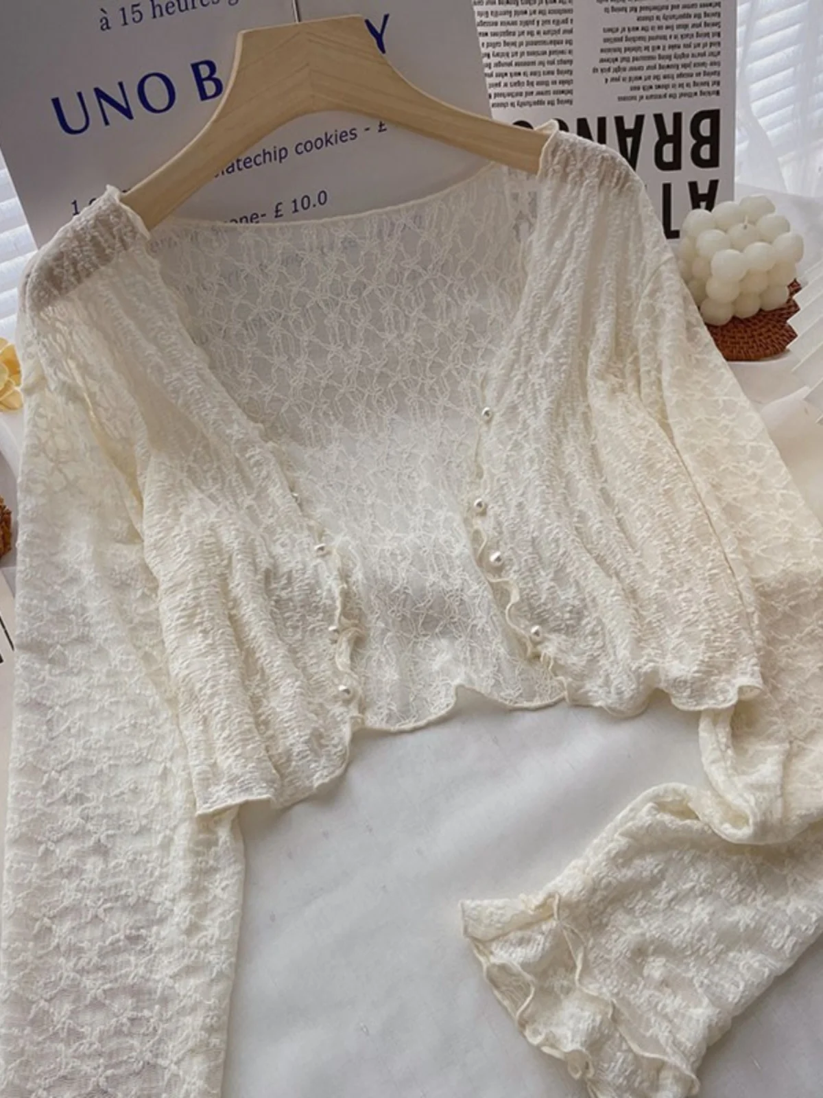 Lace Sun Protection Short Thin Cardigan Women's Ice Silk Outerwear Shawl V-neck Long Sleeve Commute Style Korean Version