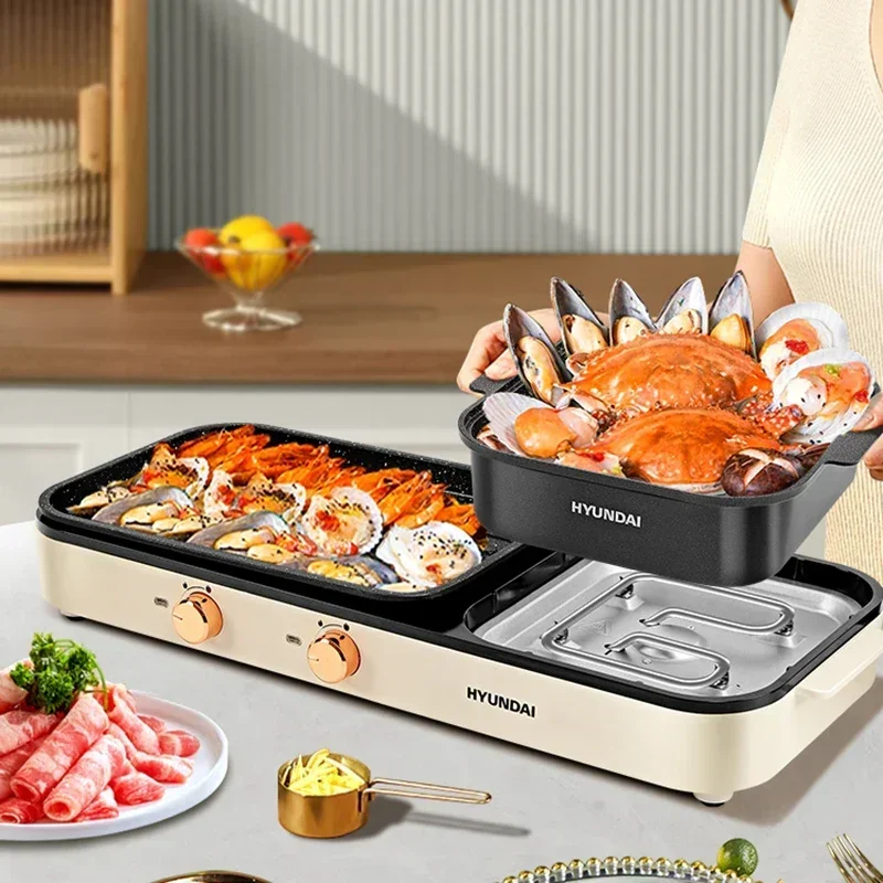 3-in-1 Multifunction Cooker Dual Temperature Control Detachable Disk Non-stick Electric Grills for Barbecue Stew Cooking Hot Pot