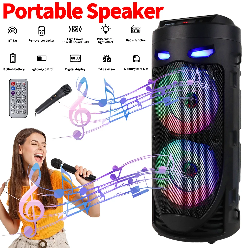 Bluetooth-Compatible Speaker Wireless Stereo Speaker with Double Subwoofer Deep Bass Lights Loud Boombox for Home Party Travel