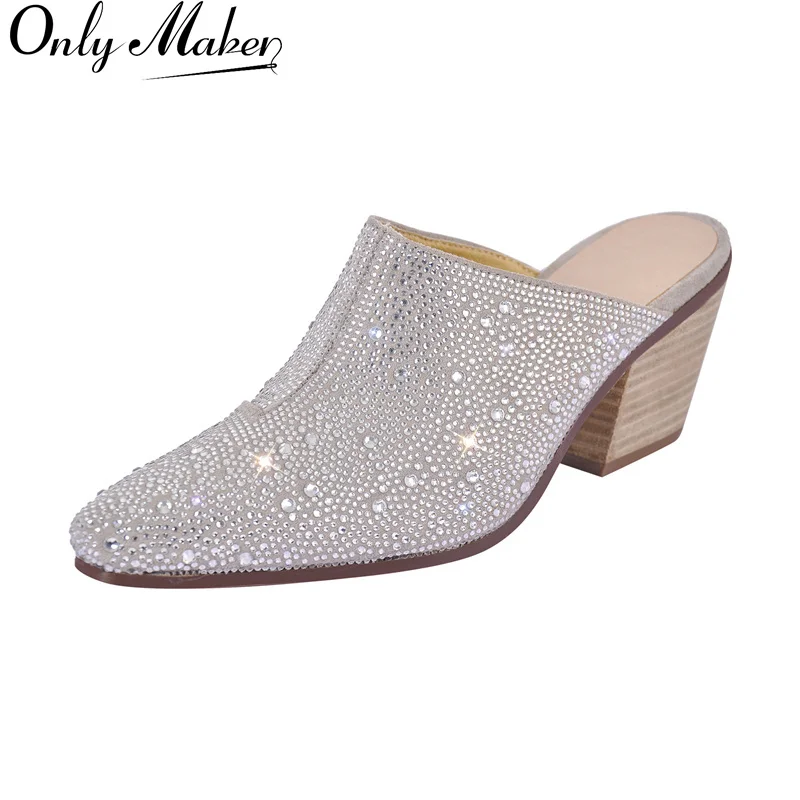 

Женские блестящие мюли Onlymaker с острым носком, яркие блестящие Симпатичные Блестящие великолепные летние тапочки на массивном каблуке без застежек