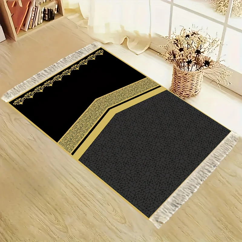 VIKAMA Black Gold Geometric Patchwork Design Prayer Rug Muslim Prayer Mat for Non Slip Portable Carpet for Bedroom Living