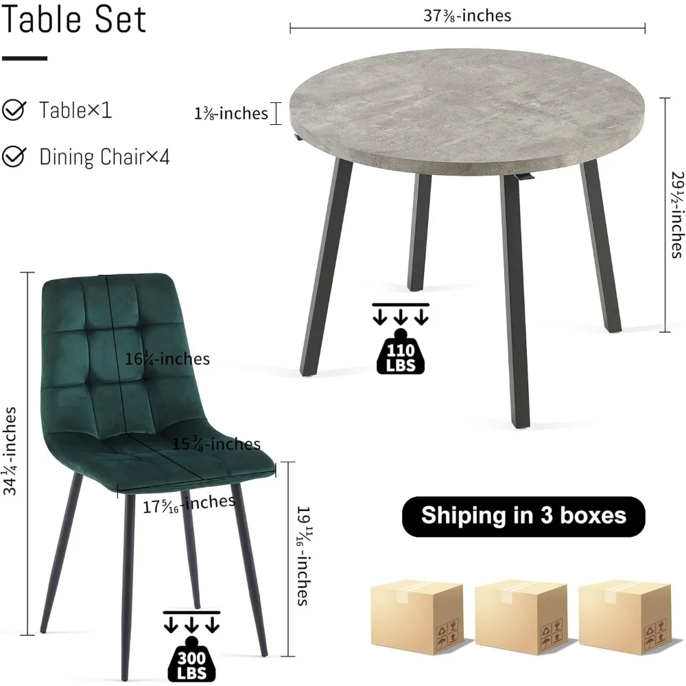 5 Pieces Industrial 37 Inch Grey Engineered Wood Round Dining Table Set, Kitchen Table and Chairs for 4 Person, Space Saving