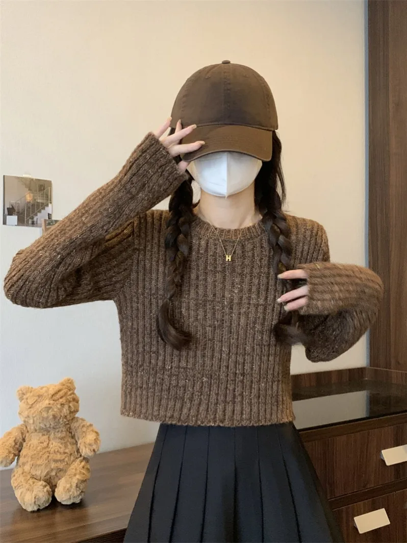 Karamell-Strickpullover für Damen, Herbst und Winter, SLE-Innenbekleidung, lockere Passform, Baumwolle, rund, Ne Long Sve Color