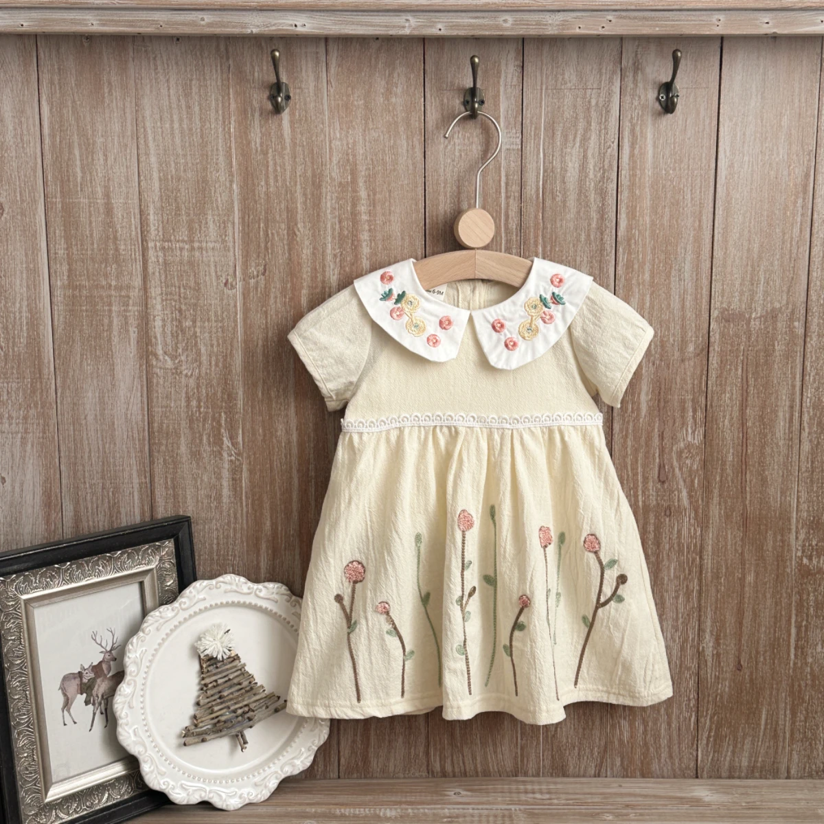 Summer Toddler Pure Cotton Dress Cute Doll Collar Flower Embroidered Princess Dress for Baby Girl 0-3 Years Old