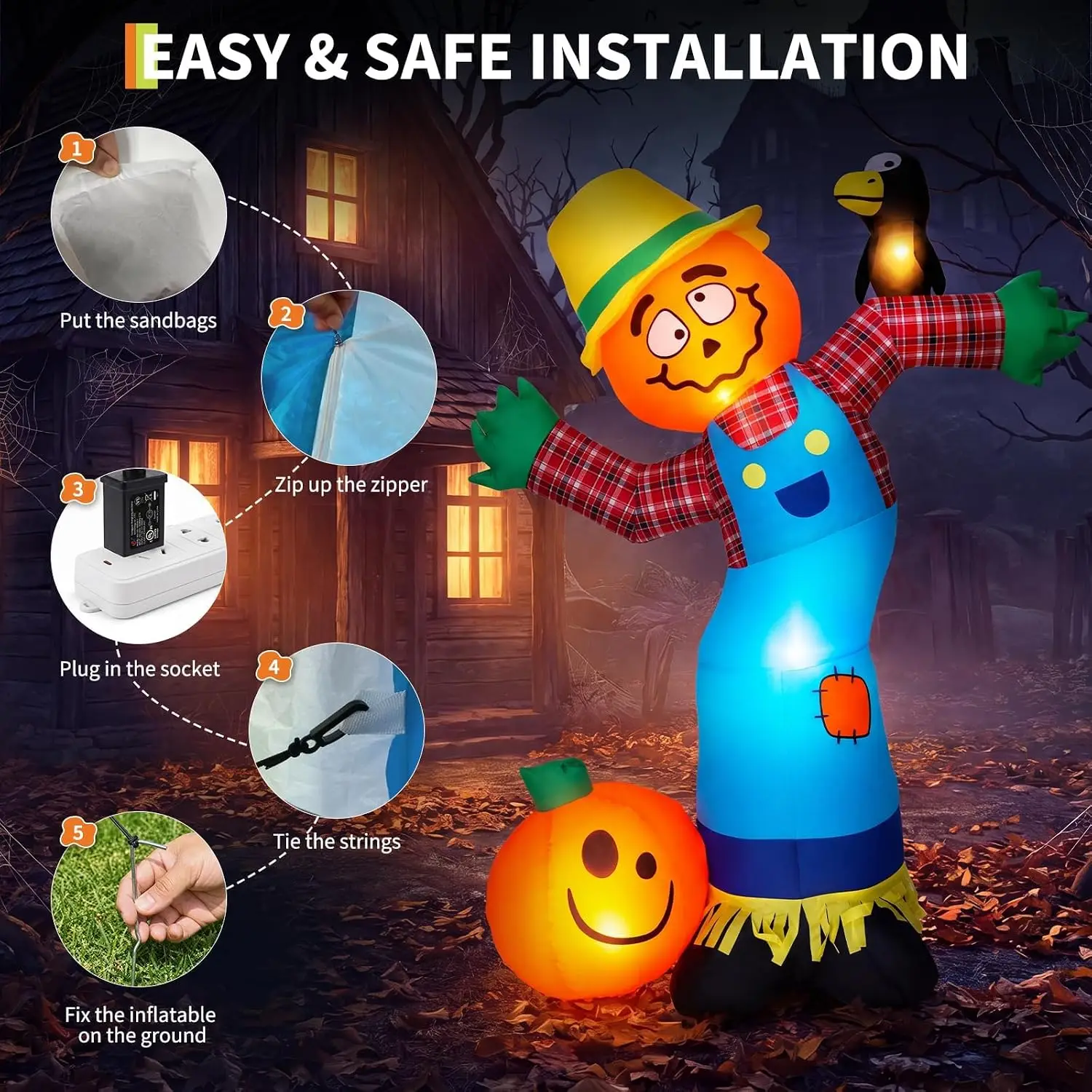 72.9inch Halloween & Thanksgiving Inflatable Pumpkin Scarecrow Outdoor Decoration with 7 LEDs Thanksgiving Lawn & Garden Blow-Up Decor