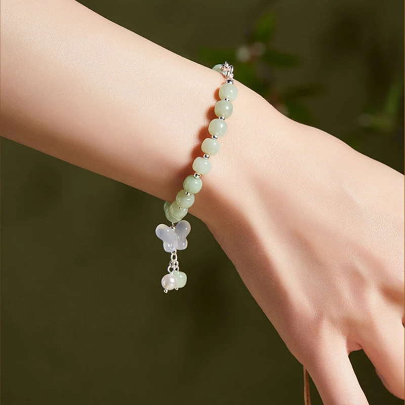 Natural White Jade Marrow Butterfly Tassel Bracelet Elegant Simple High-Grade Chinese Style Accessory for Mother's Day Gifts