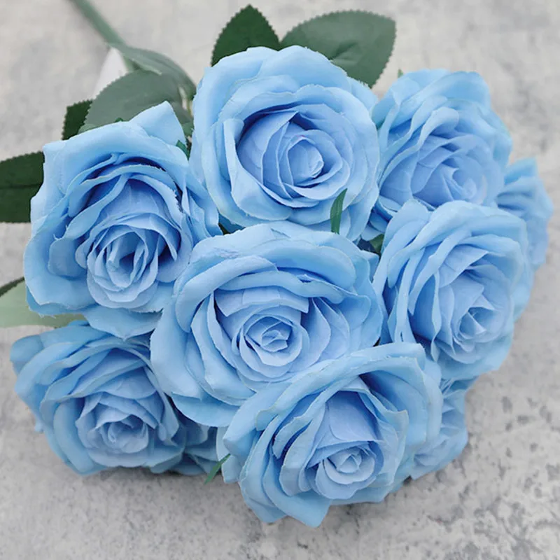 Blue Rose Artificial Flower 10 Heads Big Bouquet Artificial Flowers Roses Pink White Wedding Decor Fake Flower Decoration Home