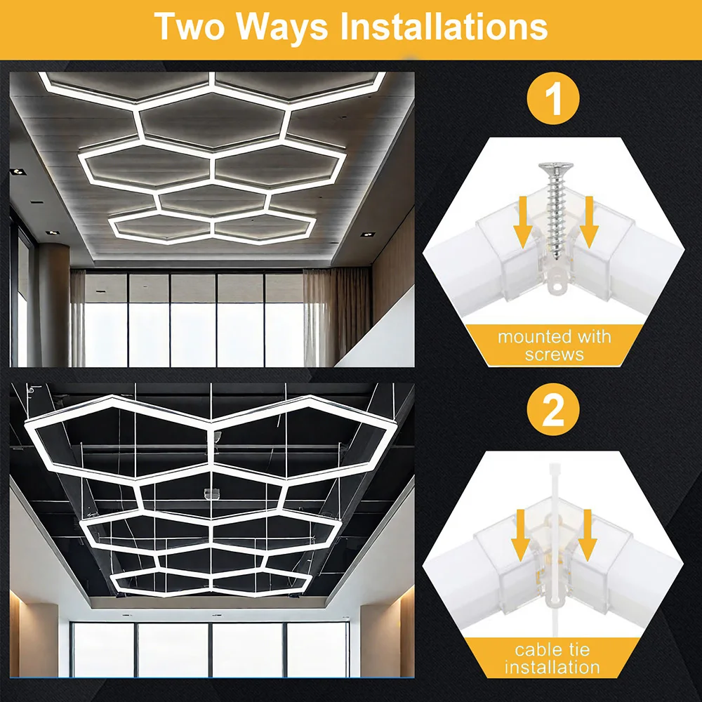 Garage honeycomb hexagonal LED white light super bright 6500K color temperature installed on the ceiling, suitable for garages