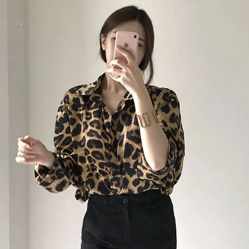 Korean Style Retro Leopard Print Lapel Single Breasted Loose Casual Long Sleeved Shirt Autumn New Fashionable Elegant Lady\'s Top