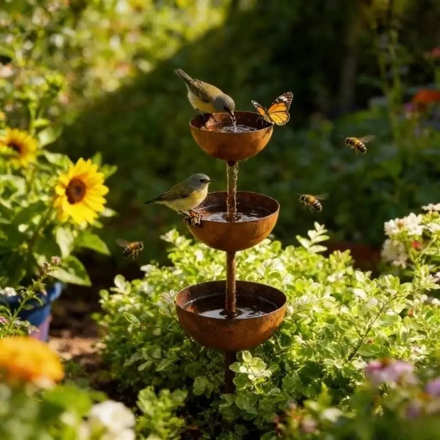Vintage Wrought Iron Rainwater Collector, Integrated Bird Feeder and Bee Water Dispenser, Artificial Aged Rust Finish, Luxury Bird Bath, Outdoor Garden Water Feature, Attracts Hummingbirds, Wild Birds, and Insects, Garden Lawn Decoration for Spring, Garden Ornament