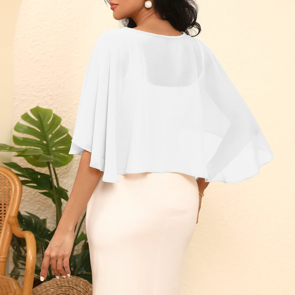 Elegant Sheer Chiffon Bridal Shrug Bolero Women Cover Up with Pearl Button Closure Shawl Capes Jacket for Wedding Prom Evening