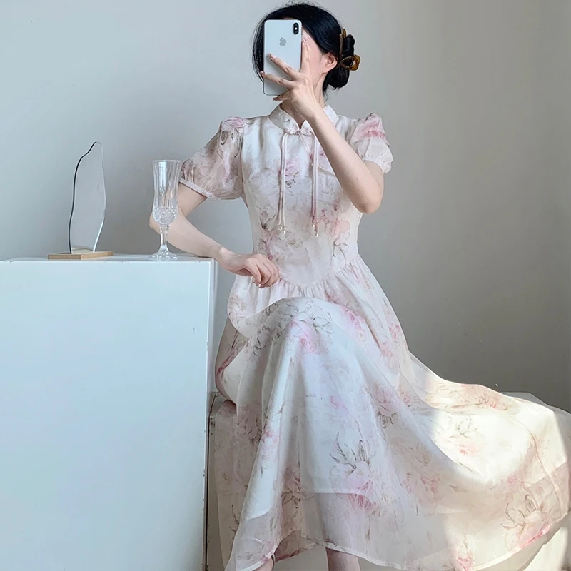 Dress Women Summer 2024 New Cheongsam French Style Vintage Flounced Chiffon Short Sleeve Floral Print Dresses