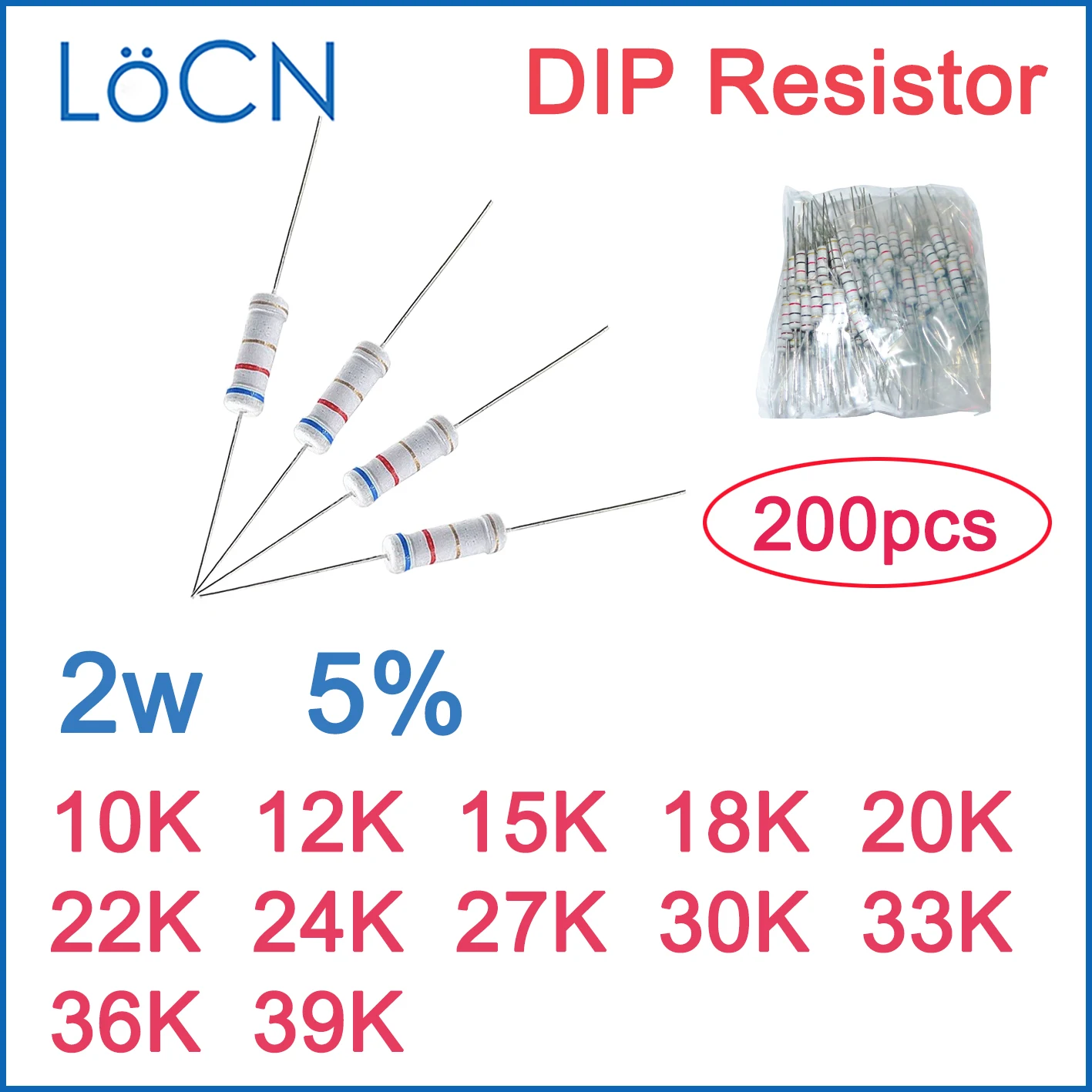 200 PCS 5% 2W ตัวต้านทานฟิล์มคาร์บอน DIP 10K 12K 15K 18K 20K 22K 24K 27K 30K 33K 36K 39K OHM สีแหวน