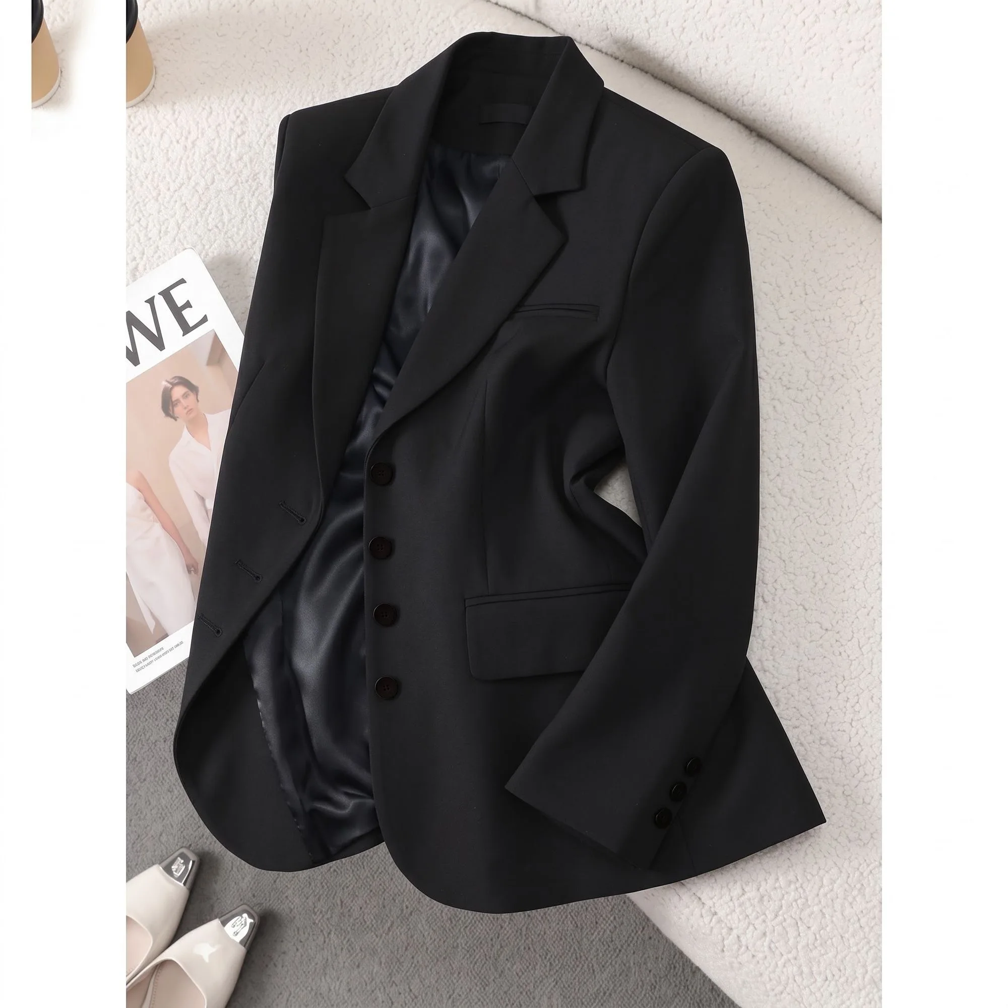 Loose Korean Style Coffee Color Suit Jacket Women's Fashion Single Button Spring Autumn Commuting Professional Outerwear