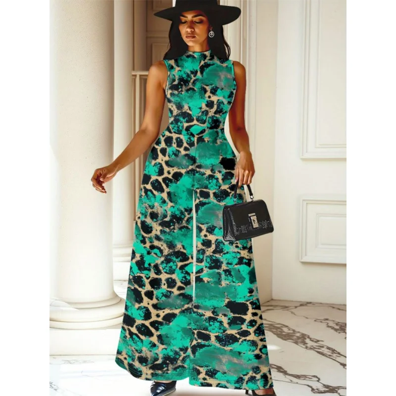 

Elegan Women's Ingenuity Fashion Pattern Print Loose Long Romper Causal Sleeveless Wide Leg Playsuit Women Jumpsuit