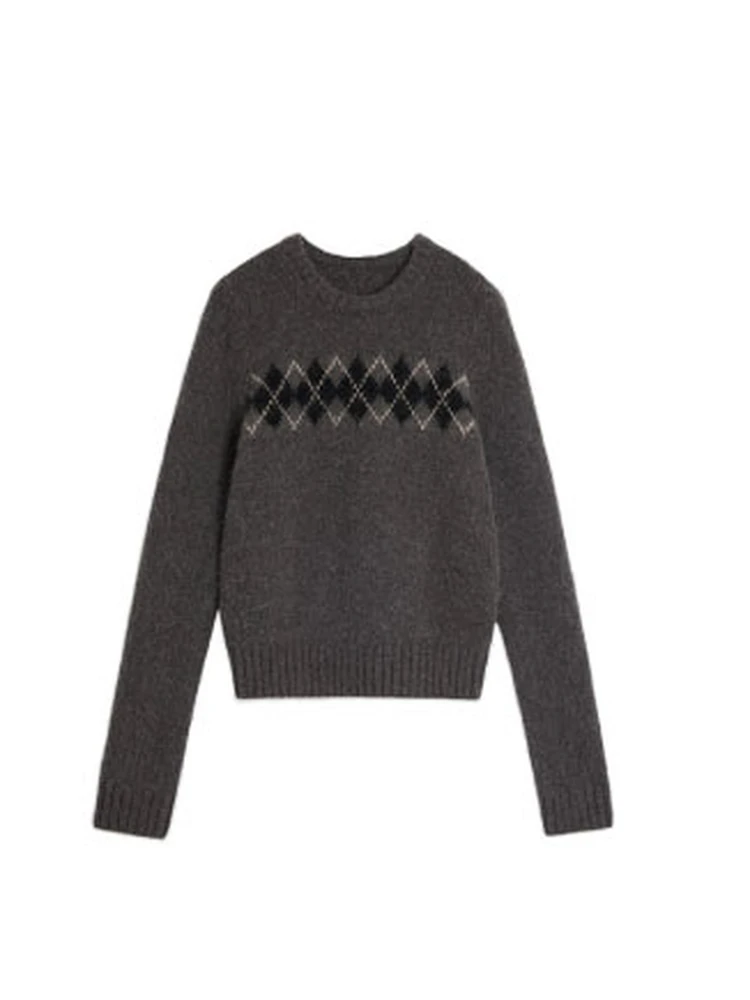 

Women's Woolen Knitted round Neck Sweater Retro Casual Commute Style Straight Tube Diamond Pattern Autumn Winter Top