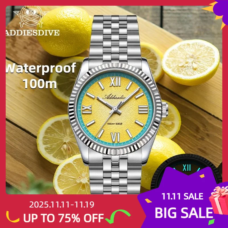ADDIESDIVE новые кварцевые часы с цветным циферблатом VH31 деловые часы с сапфировым стеклом 36 мм мужские часы Reloj Hombre из нержавеющей стали 100M дайверские часы