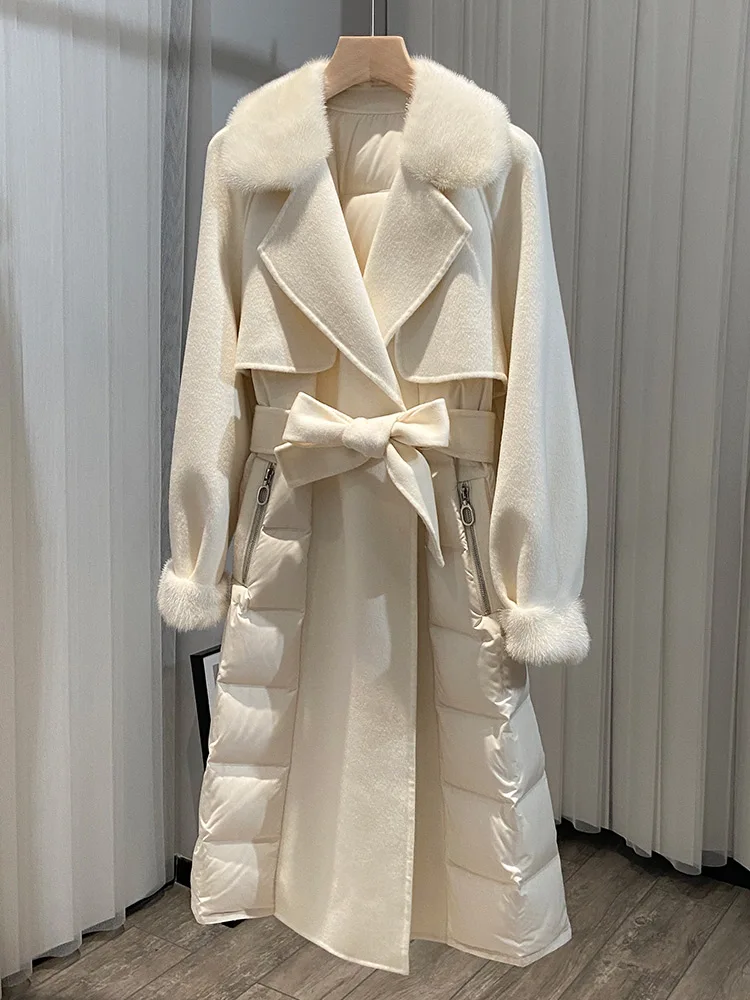 Luxury White Goose Down Jackets Winter Mink Fur Collar Mid-Length Overcoats Female Commute Warm Double-faced Cashmere Coat