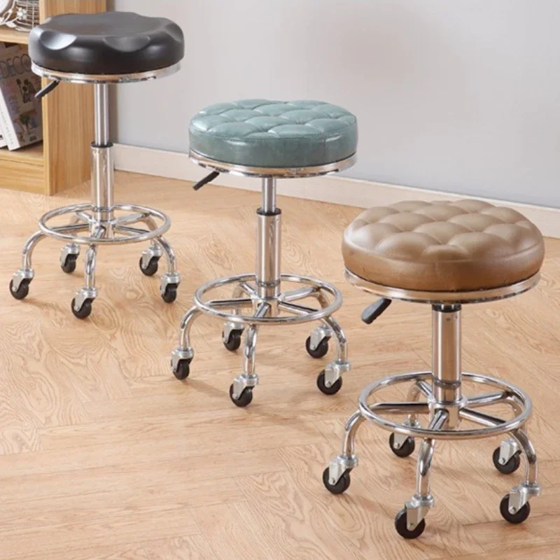 Black PU Leather Rolling Stool Round Swivel Stool with Wheels Height-Adjustable Seat for Salon Tattoo or Office Use