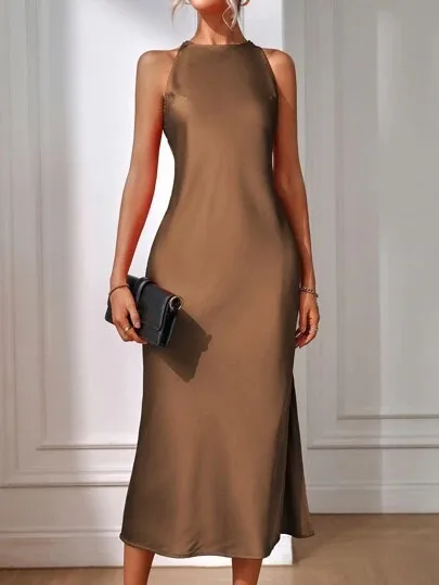 Fashion Solid Color O Neck Slim Fit Dresses Female Stylish Street Party Vestido 2026 Women Elegant Satin Sleeveless Midi Dress