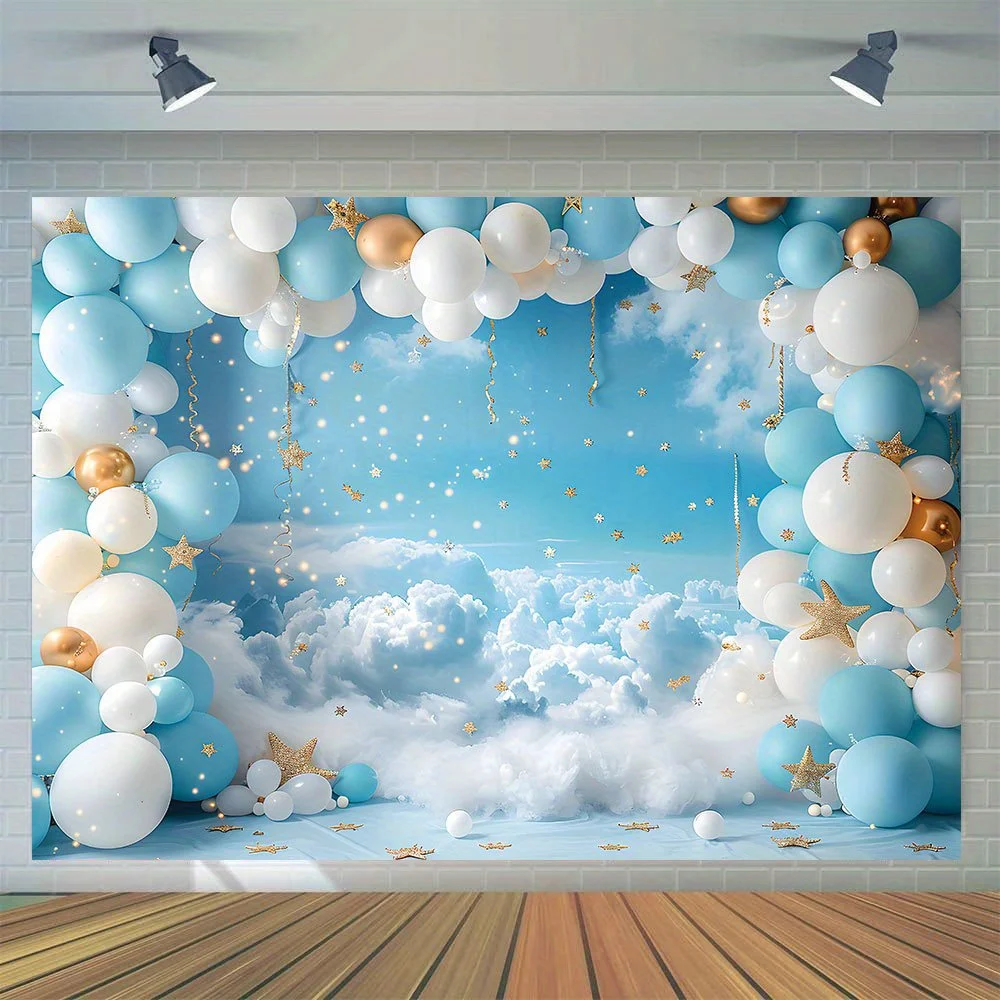 Balloon stars blue sky White clouds photography background, cake smash birthday party supplies, shower portrait studio props