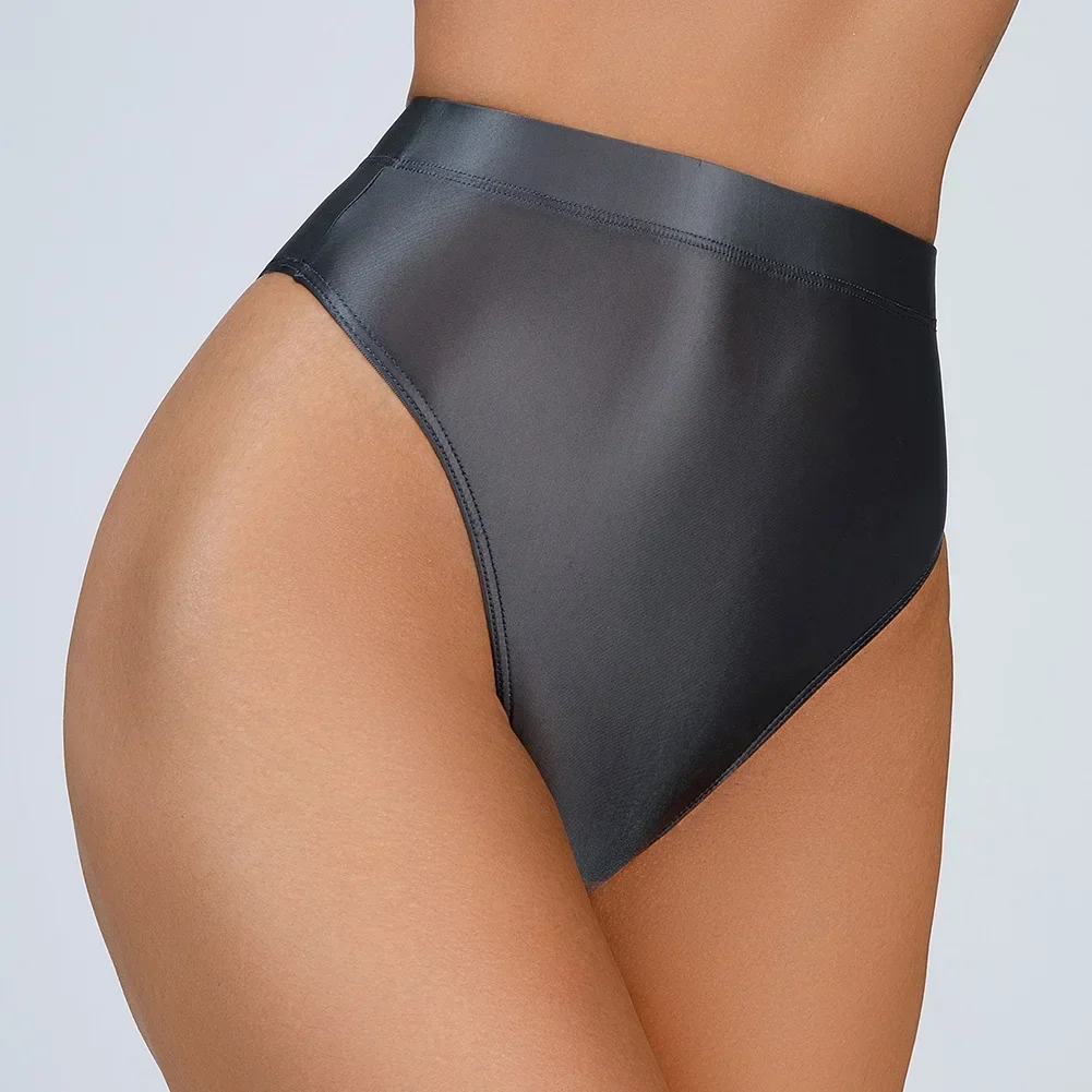 

Women Sexy Oil Shiny Glossy Thong Briefs High Cut Bottoms Panties Seductive Underpants High Waist Knickers Smooth Underwear
