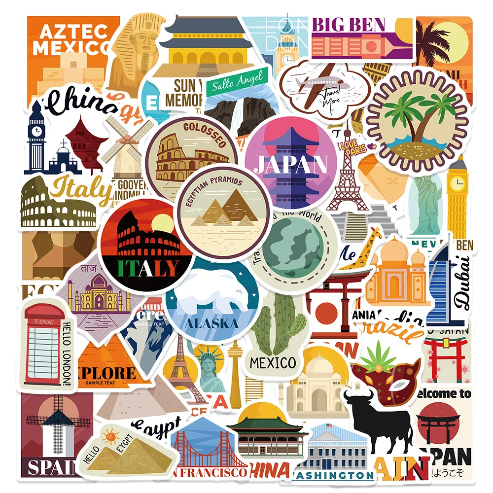 50 Uds. Pegatinas de grafiti de monumentos de ciudades del mundo, teléfono, guitarra, portátil, Notebook, maleta, taza, pegatinas impermeables, juguetes para niños